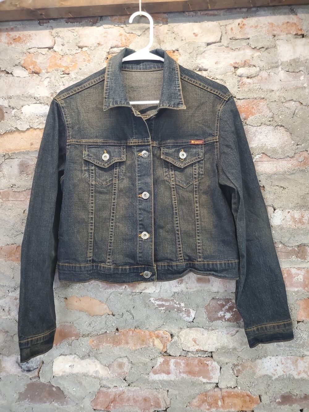 JUST USA Womens Denim Jean Jacket L Large Dark Wash Distressed Stretch Cropped